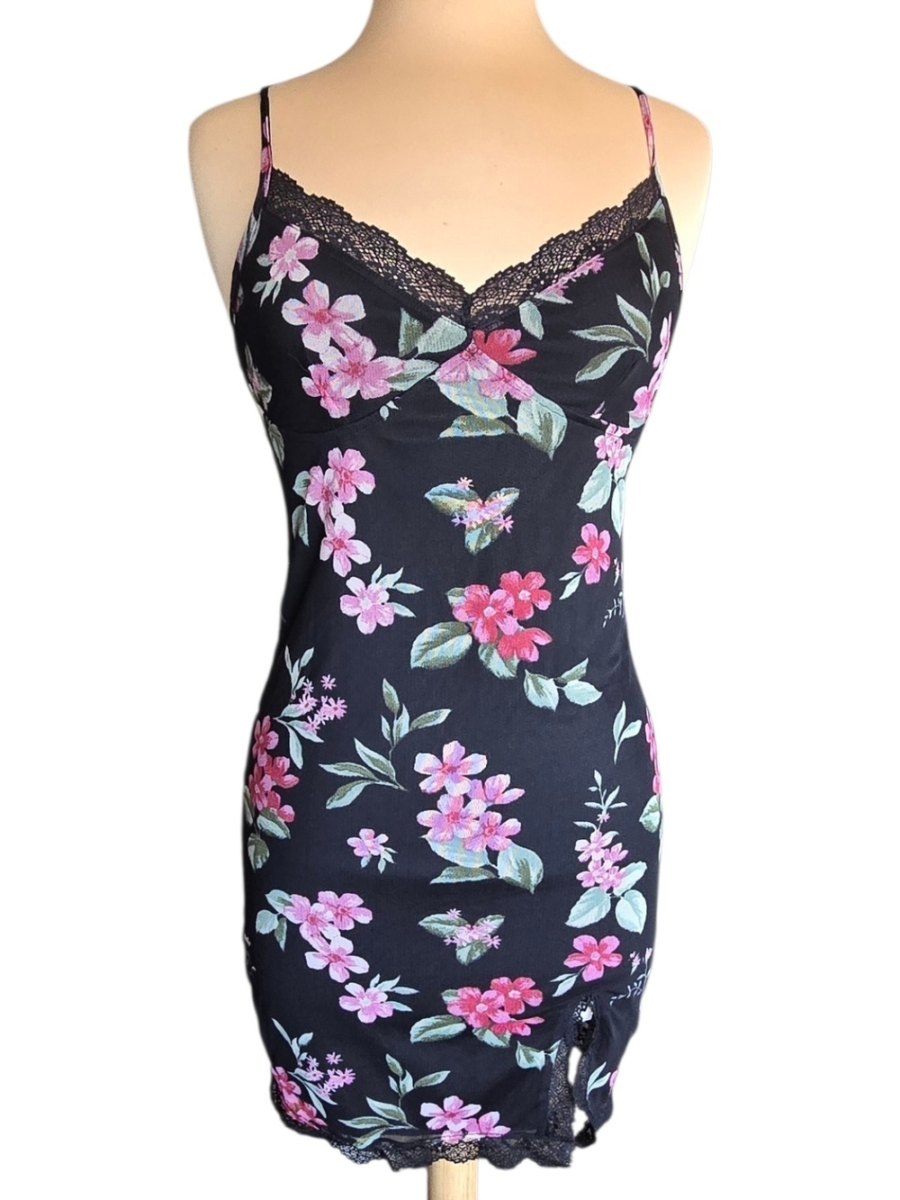 Mesh Black Floral Lace-Trim Slip Dress with Pink Flowers Sz L